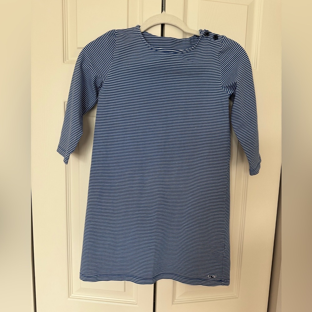 Vineyard Vines Blue and White Striped Quarter Sleeve Shift Dress with Stretch